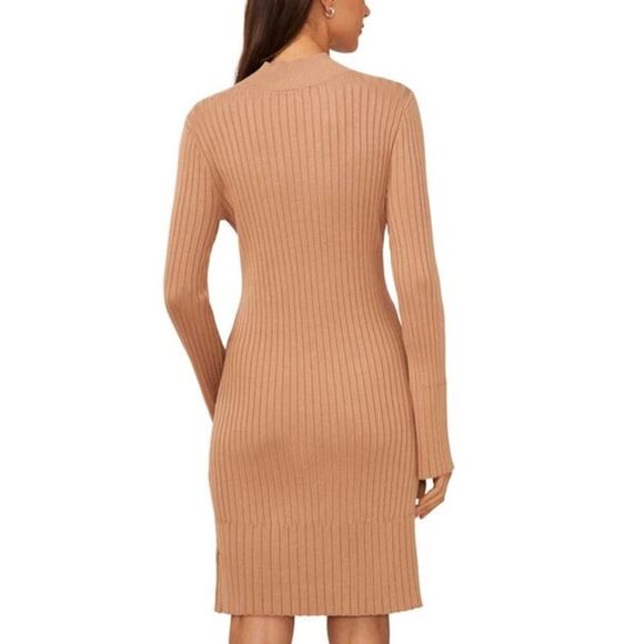 Halogen Sweater Dress Rib Mock Neck Long Sleeve Mini Camel Tan NWT Medium - Picture 2 of 8